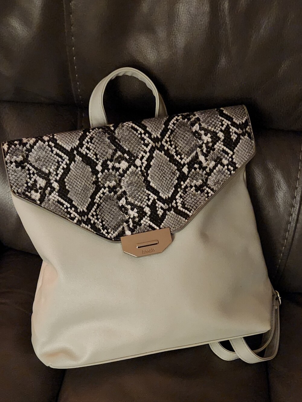Kensie Light Cream Backpack with Snake-Print Flap